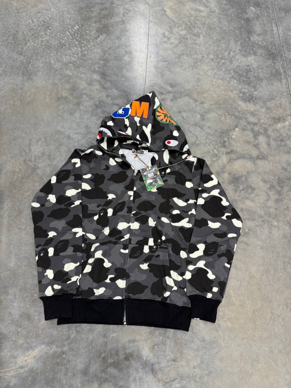 AUTHENTIC ✅ BAPE ABC Men's Black & Gray Camo Zip Hoodie with Graphic Hood